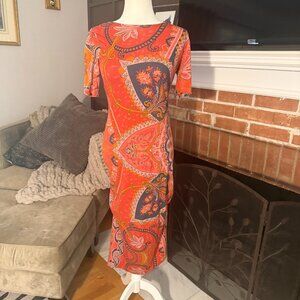 Farm Rio Giannina Knit Paisly Body Con Midi Dress Orange Navy XS